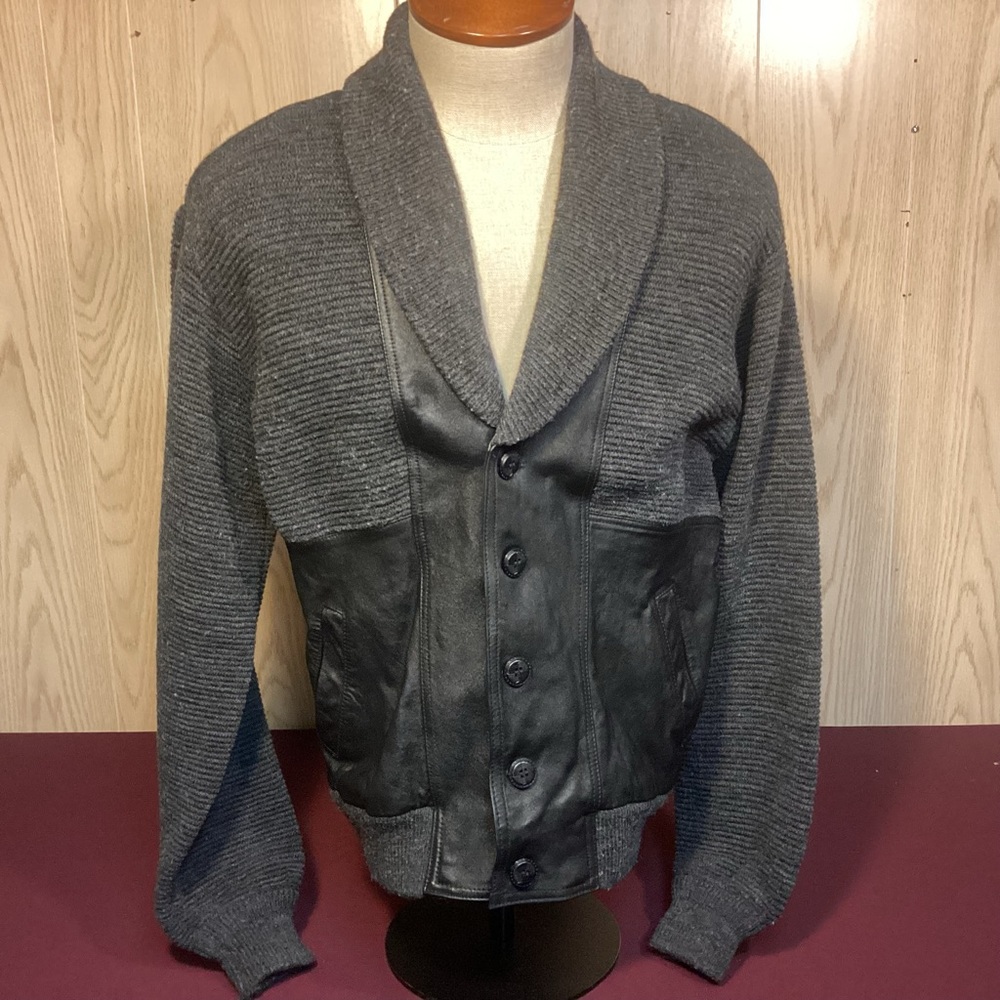 Vintage Deerskin Trading Post Leather & Wool Cardigan Sweater mens size Large